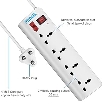 FEDUS 4-Socket Power Strip with Individual Switches & LED Indicator β Heavy Duty Extension Board (with 1.5m Cord)