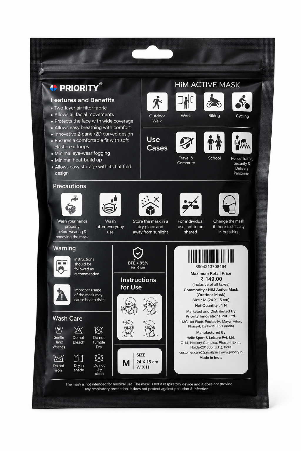 PRIORITY ACTIVE MASK | ANTI-POLLUTUION| ANTI-DUST| ANTI-BACTERIAL | FREE SIZE