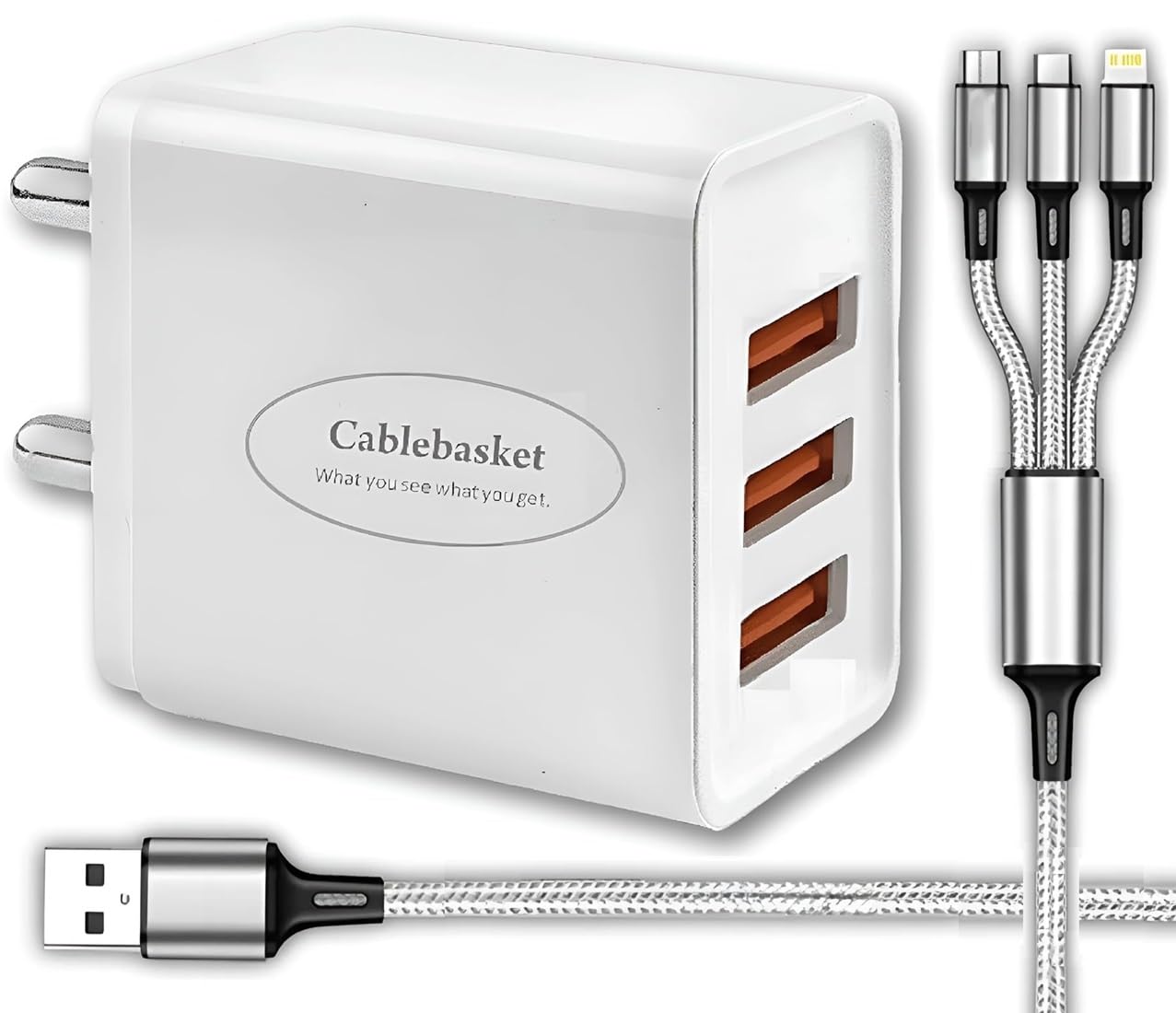 Cablebasket 3‑USB Smart Fast Charger with 3‑in‑1 Charging Cable
