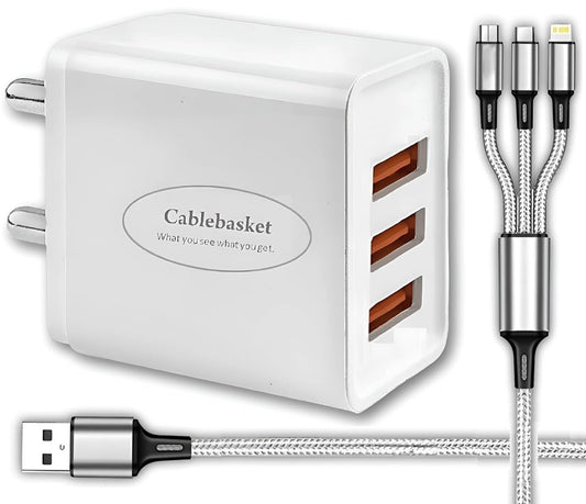 Cablebasket 3‑USB Smart Fast Charger with 3‑in‑1 Charging Cable