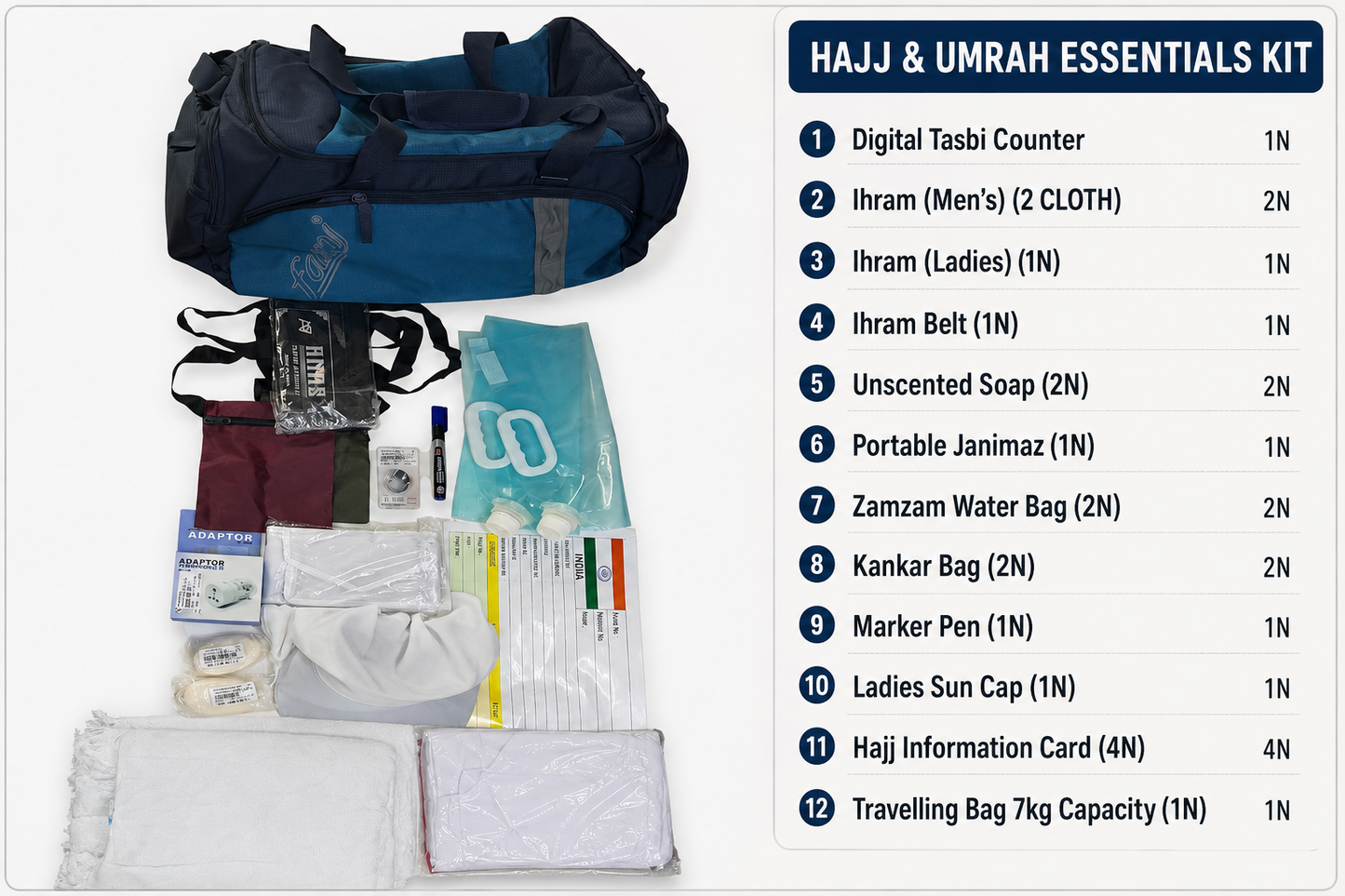 HAJJ KIT COMBO ALL 13 ESSENTIALS PRODUCTS WITH LUGGAGE BAG