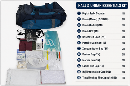 HAJJ KIT COMBO ALL 13 ESSENTIALS PRODUCTS WITH LUGGAGE BAG
