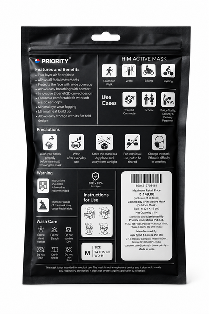 PRIORITY ACTIVE MASK | ANTI-POLLUTUION| ANTI-DUST| ANTI-BACTERIAL | FREE SIZE